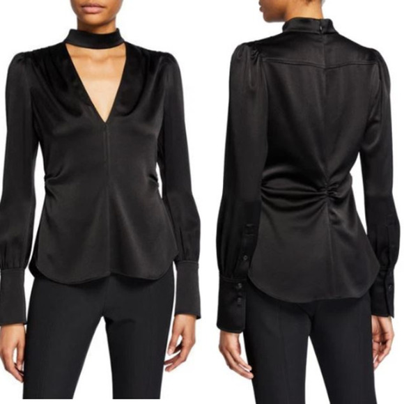 NWT A.L.C. Hirsch Keyhole Pleated V-Neck Crepe Blouse Top Black Women's Size 0 - Picture 1 of 7